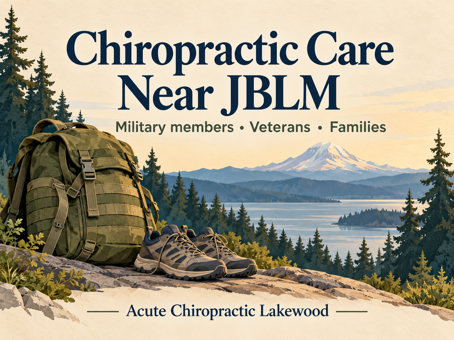 Illustration of a rucksack and walking shoes beneath the words Chiropractic Care Near JBLM, with Mount Rainier in the background.